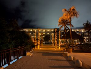 Resort at night with palm trees illuminated by soft lighting, creating a tropical and serene atmosphere.