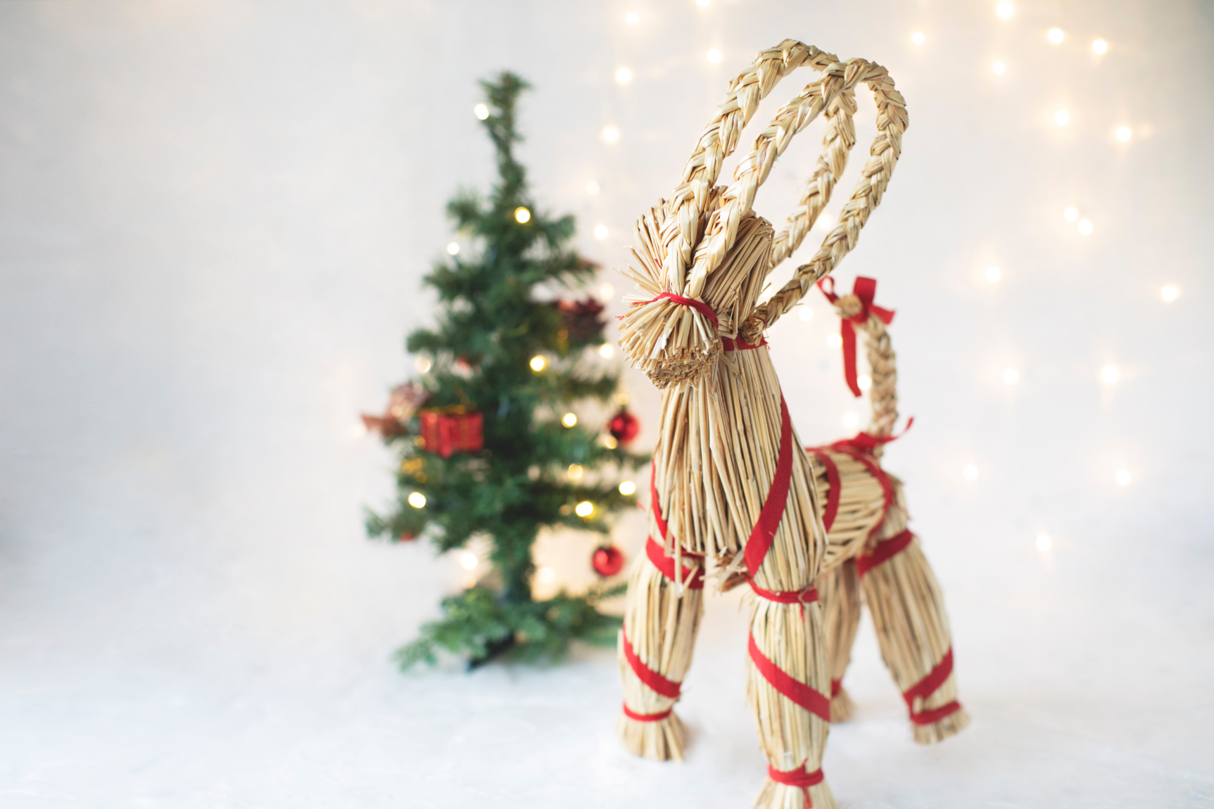 Straw Yule Goat ornament with a red ribbon standing in front of a decorated Christmas tree with warm white lights.